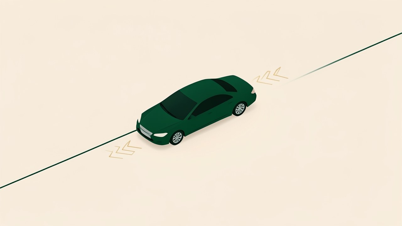 Stylized car silhouette on a road line with subtle payment arrows in warm off-white and forest green