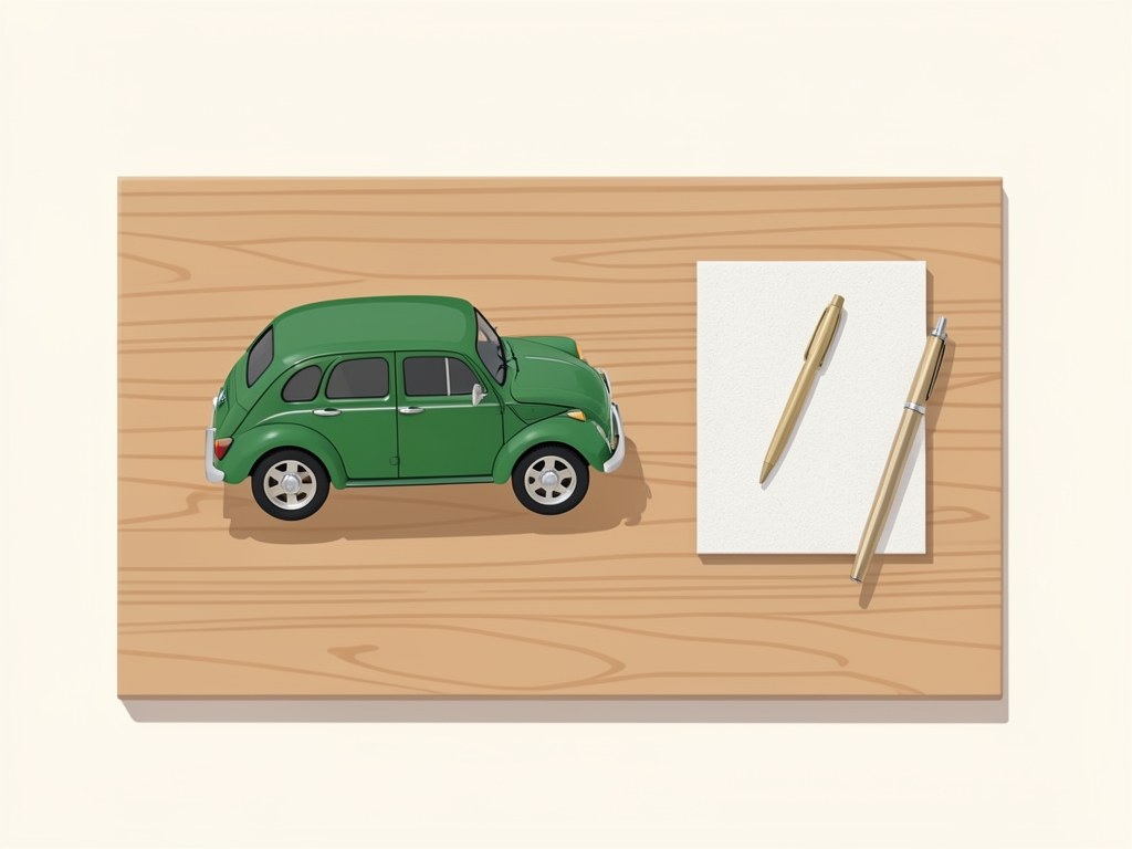 A simple desk with a small car model and a notepad, on a warm background