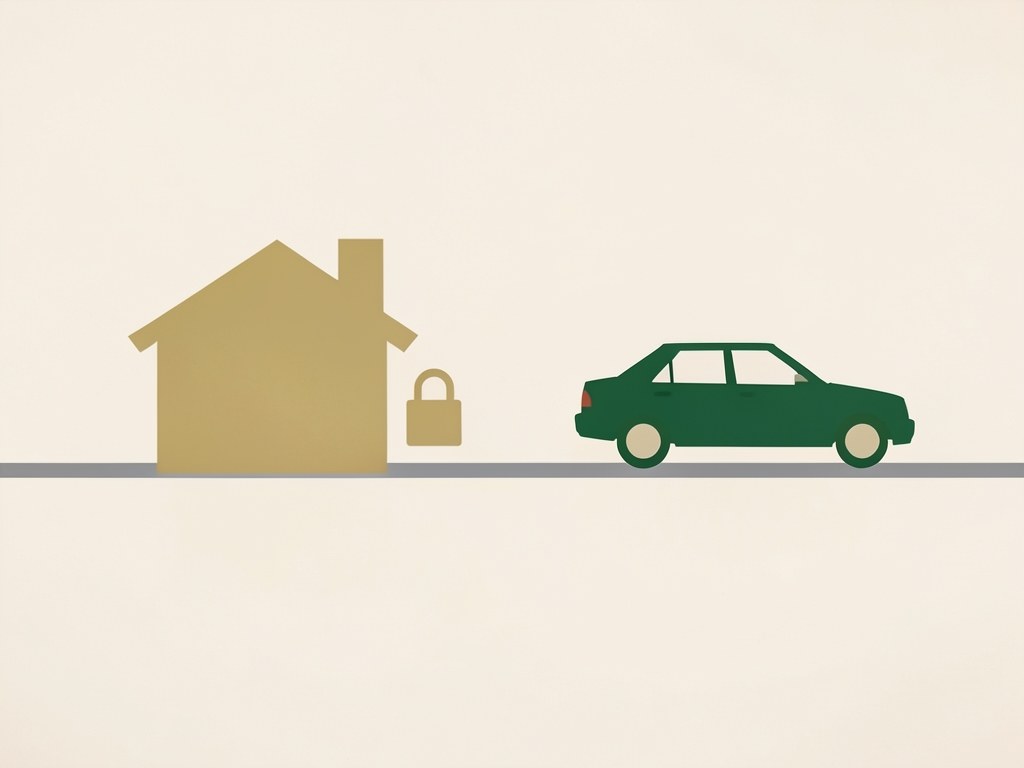 A small house with a lock and a car silhouette, on a road line