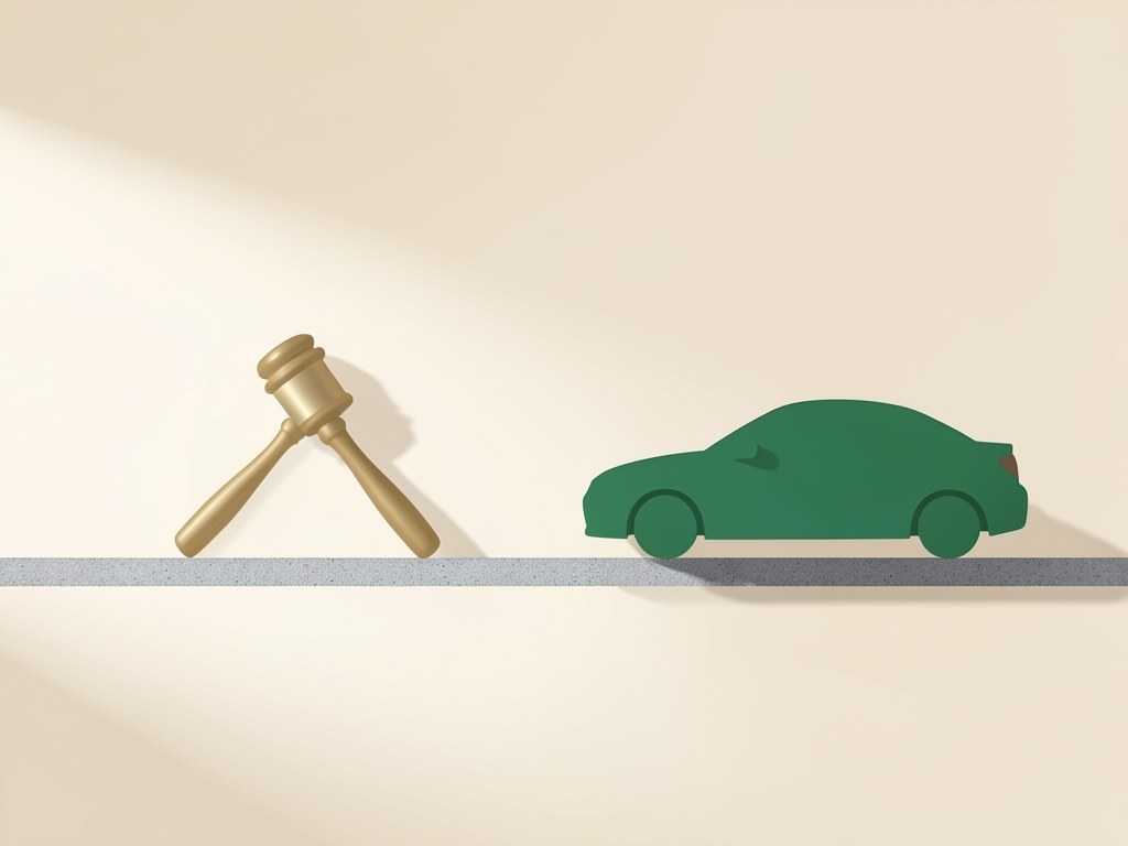 A gavel and a small car silhouette on a road line, symbolizing terms and conditions