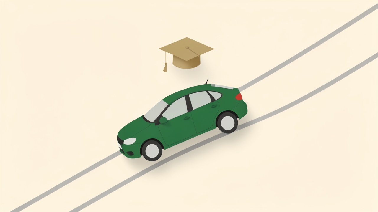 A car silhouette with a small graduation cap above it, symbolizing a first-time buyer