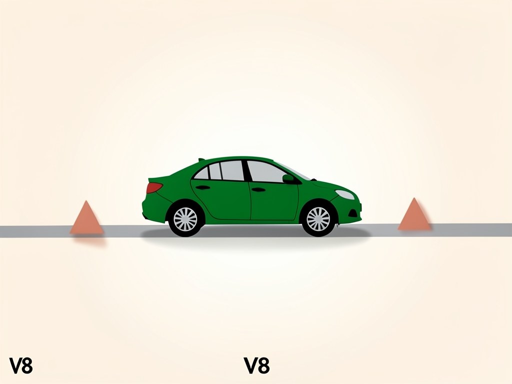 Car silhouette with a series of small red triangular warning signs along a road line
