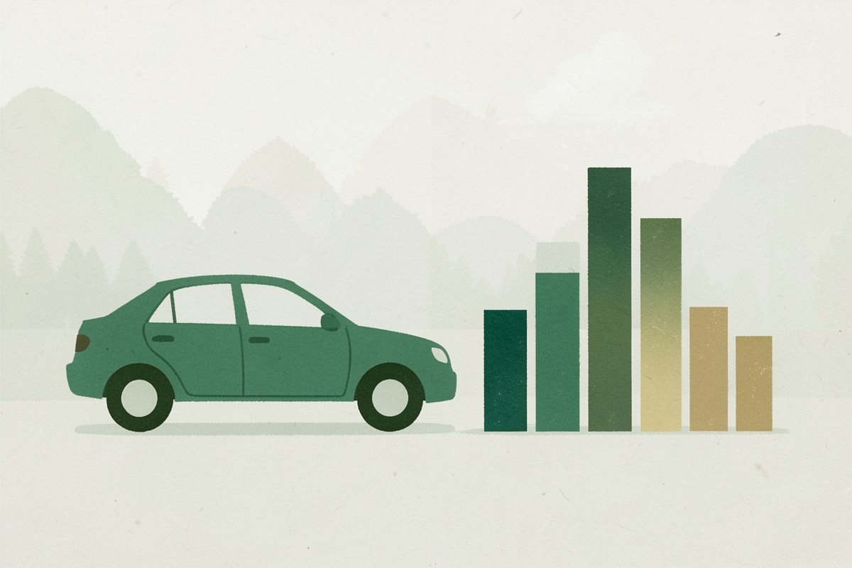 Car silhouette with a vertical timeline showing a shrinking block of color, symbolizing loan balance reduction