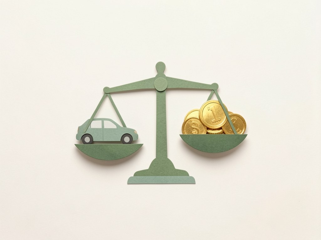 A small house and car silhouette balanced on a scale with coins on the other side