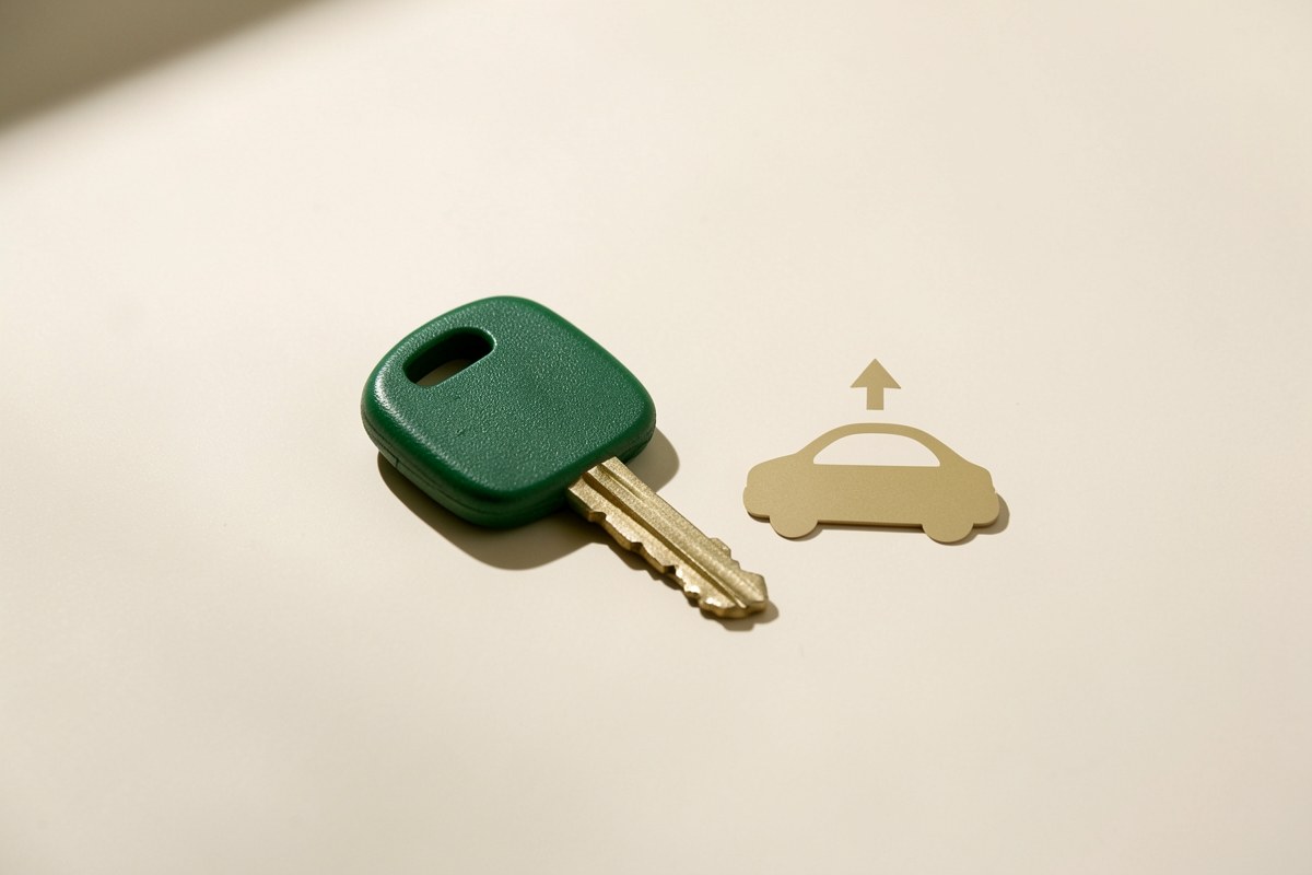 A car key with a symbolic arrow pointing upward next to a car silhouette, on a warm background
