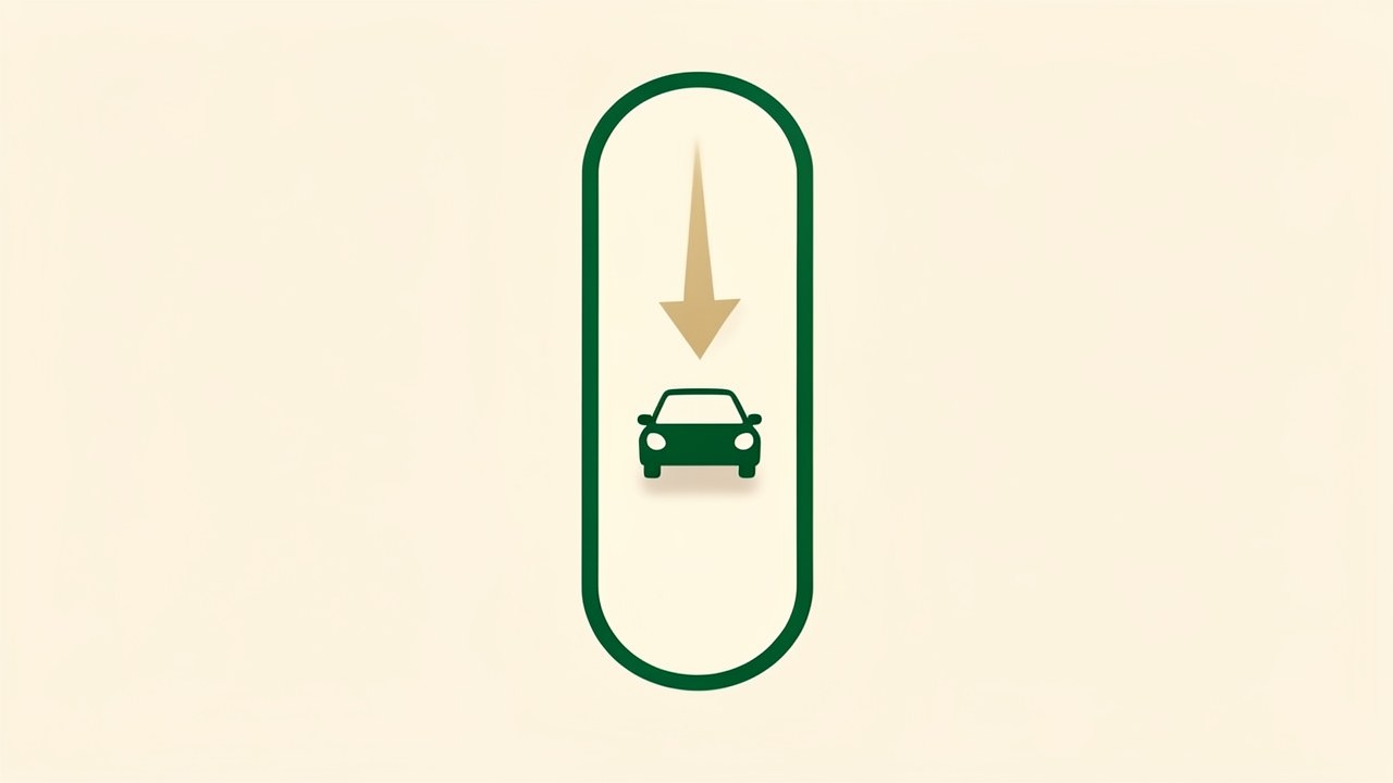 A vertical gauge-like shape with a car silhouette at its center, in muted tones