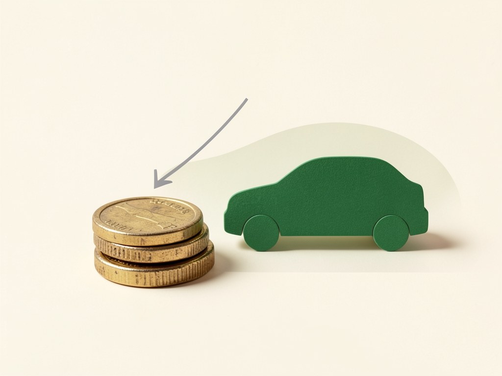 Stack of gold coins next to a car silhouette, with a downward arrow symbolizing reduced loan